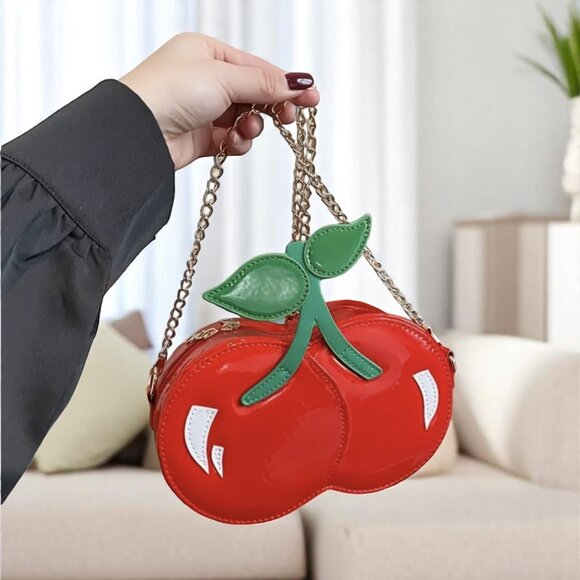 Cherry Red Mini Shoulder Bag Green Leaf Chain Strap - Picture 4 of 10